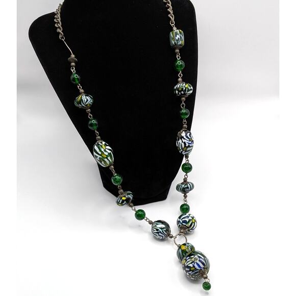 Vintage Heavy Art Glass Green and White Millefiori Beaded Necklace 27.5in *READ - Picture 6 of 11